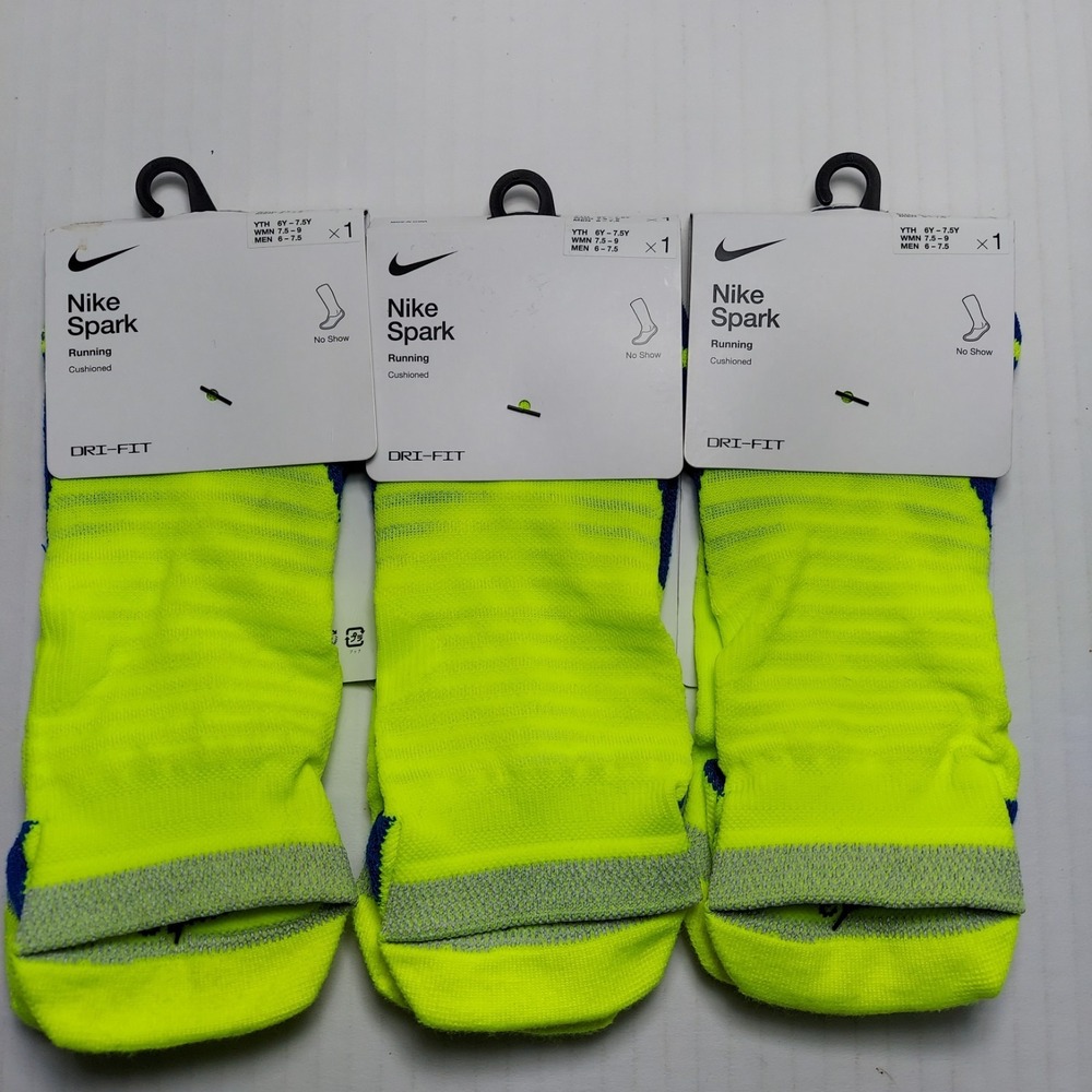 3 Pairs Nike Spark Running Socks Unisex M 6-7.5 W 7.5-9 Volt Yellow No Show